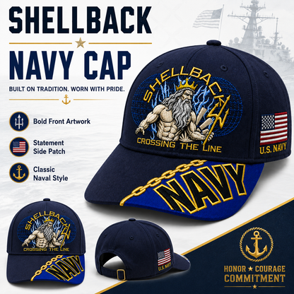 🔥SHELLBACK “Crossing The Line” Navy Embroidered Cap 🇺🇸