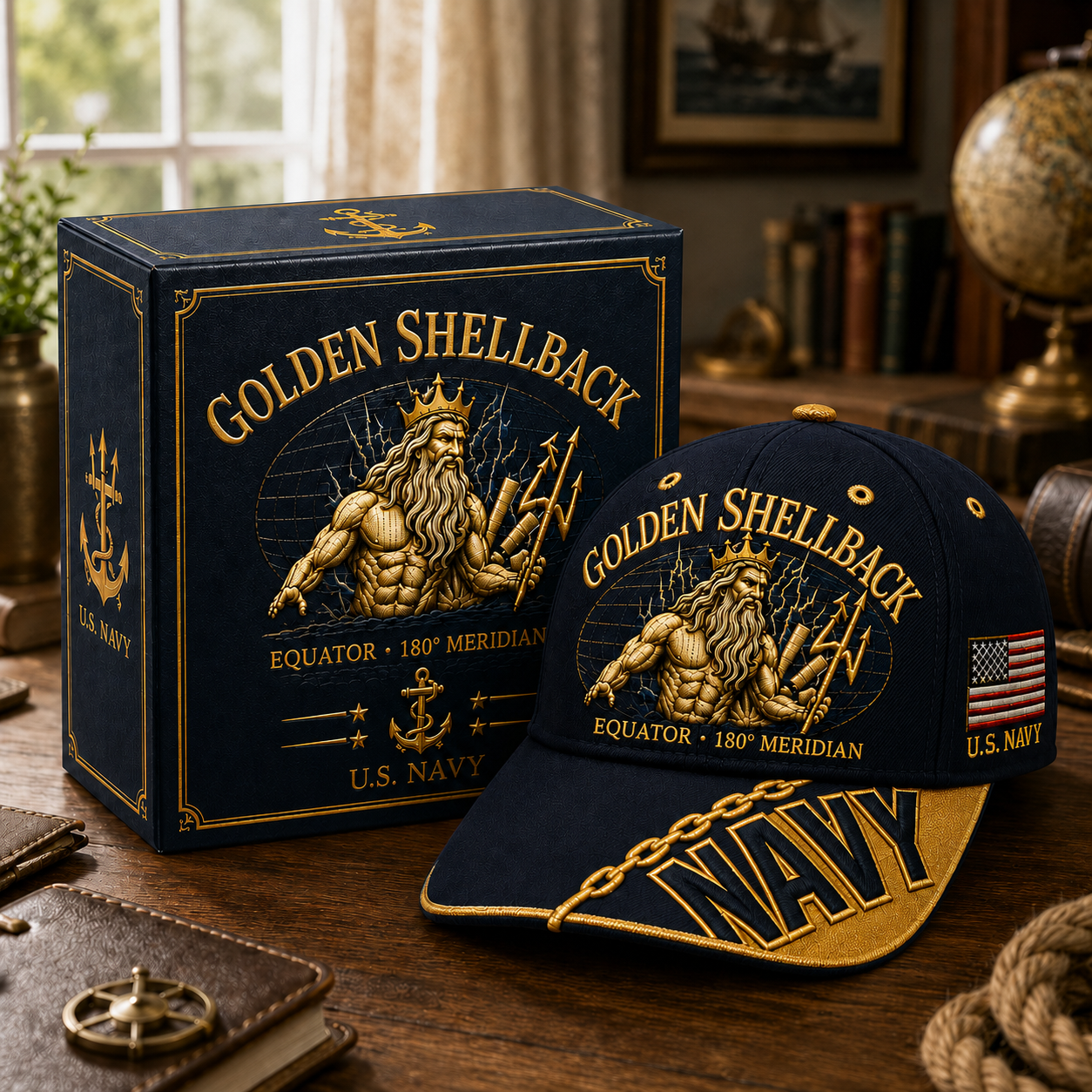 🔥SHELLBACK “Crossing The Line” Navy Embroidered Cap 🇺🇸