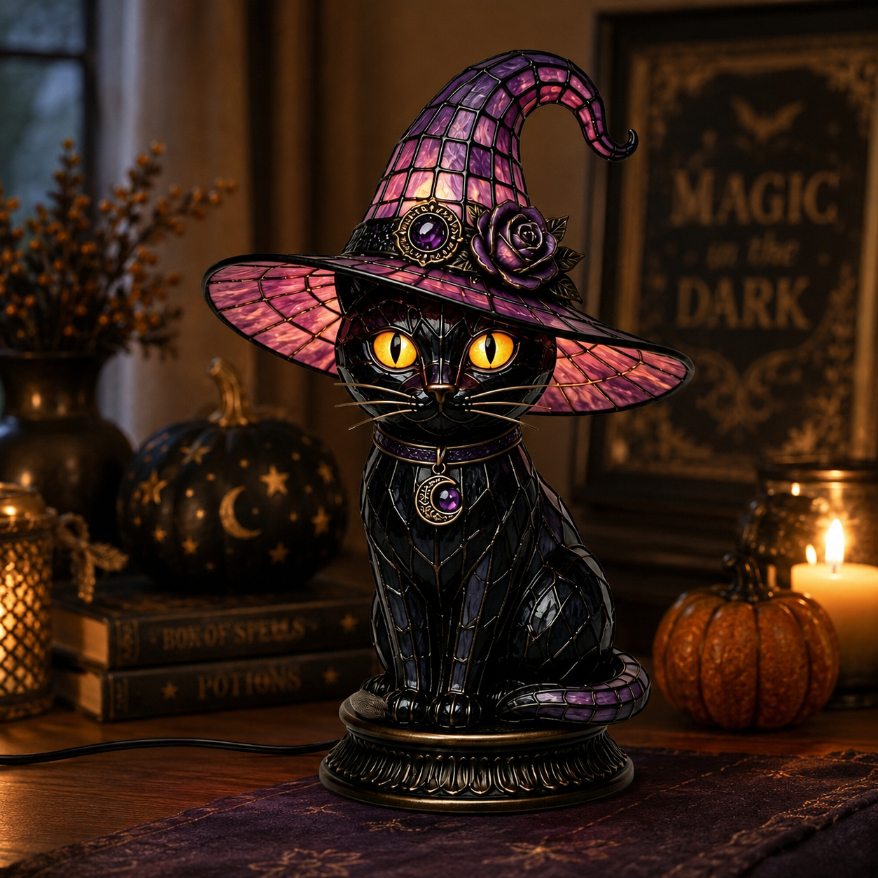 🔥Exclusive Limited Item 👍🔥50%OFF🐈 Gothic Stained Glass Witch Black Cat Table Lamp | Halloween Witch Hat Night Light Decor - BUY 2 FREE SHIPPING