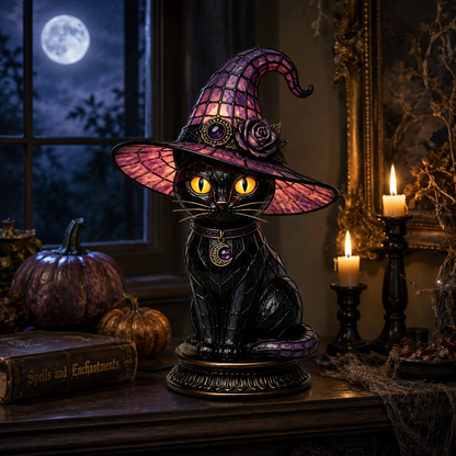 🔥Exclusive Limited Item 👍🔥50%OFF🐈 Gothic Stained Glass Witch Black Cat Table Lamp | Halloween Witch Hat Night Light Decor - BUY 2 FREE SHIPPING