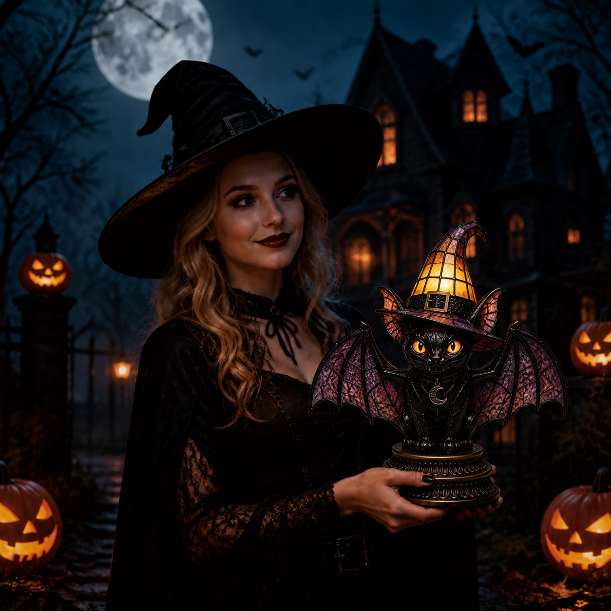 🔥Exclusive Limited Item 👍🔥50%OFF🐈 Gothic Stained Glass Witch Black Cat Table Lamp | Halloween Witch Hat Night Light Decor - BUY 2 FREE SHIPPING