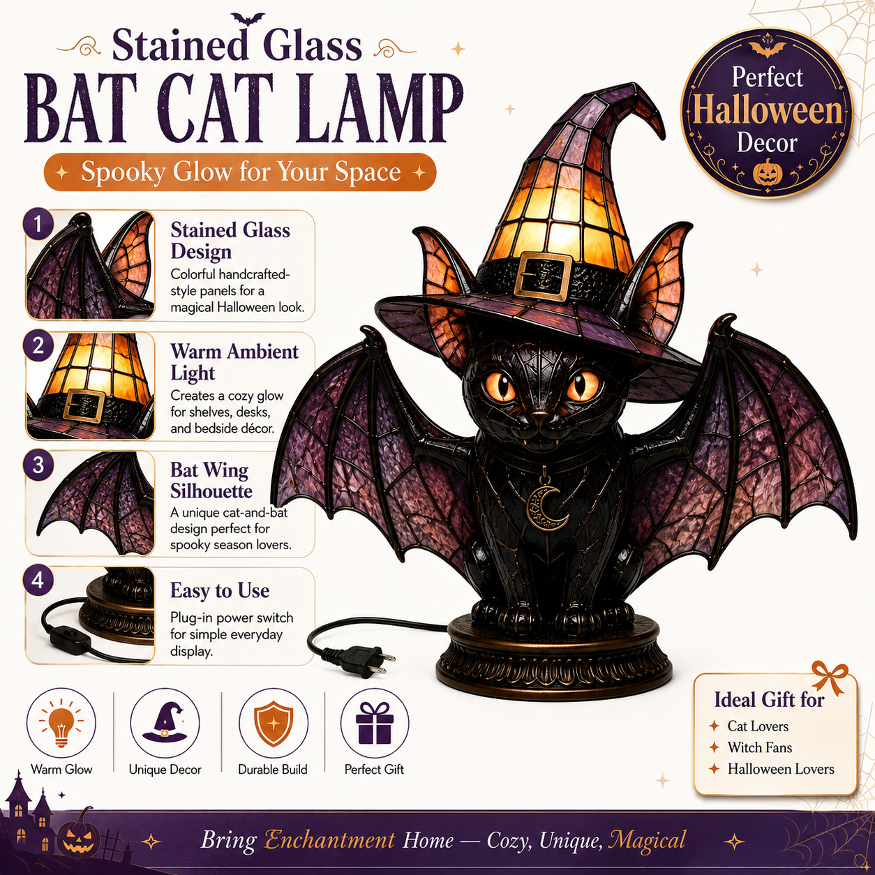 🔥Exclusive Limited Item 👍🔥50%OFF🐈 Gothic Stained Glass Witch Black Cat Table Lamp | Halloween Witch Hat Night Light Decor - BUY 2 FREE SHIPPING