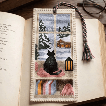 🐈📚Seasonal Cat Cross Stitch Bookmark – Cozy Reading Companion