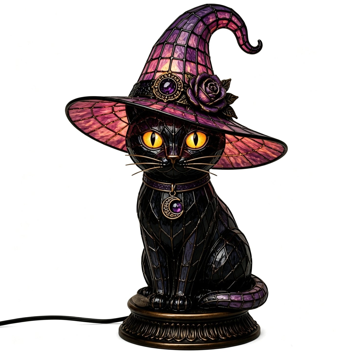 🔥Exclusive Limited Item 👍🔥50%OFF🐈 Gothic Stained Glass Witch Black Cat Table Lamp | Halloween Witch Hat Night Light Decor - BUY 2 FREE SHIPPING