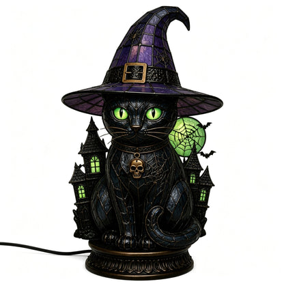 🔥Exclusive Limited Item 👍🔥50%OFF🐈 Gothic Stained Glass Witch Black Cat Table Lamp | Halloween Witch Hat Night Light Decor - BUY 2 FREE SHIPPING