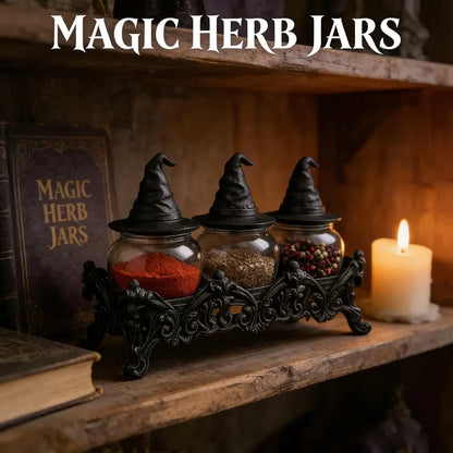 🧙‍♀️ Witch Hat Candy & Spice Jar Set with Gothic Cast Iron Stand - 3-Jar Halloween Centerpiece & Year-Round Kitchen Organizer 🎃