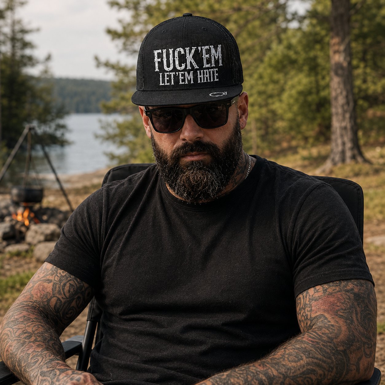 🔥LAST DAY 50% OFF - 😂🛠️"FUCK EM" LET ’EM HATE Black Snapback Hat – Bold Side Print Mesh Trucker Cap, Flat Bill Streetwear Hat for Men & Women🧢