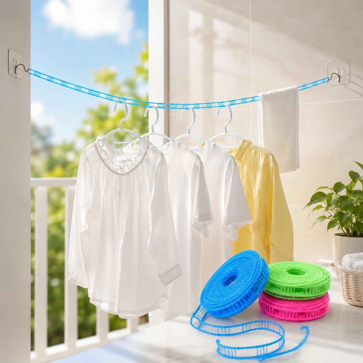 Verstellbare windfeste Wäscheleine mit Haken – Robuste mobile Wäscheleine für Reisen, Camping, Garten & Zuhause