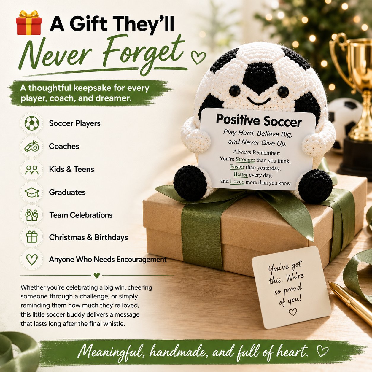 🔥Last Day: BUY 3 GET 1 FREE - ⚽ Positive Soccer Buddy|Handmade Crochet Encouragement Gift 💚