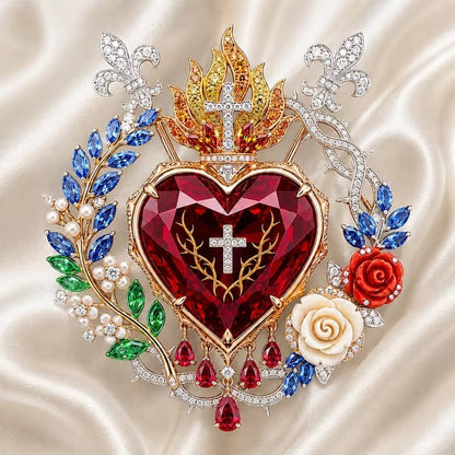 ❤️ Sacred Heart Floral Gemstone Brooch | Vintage Palace-Inspired Statement Pin