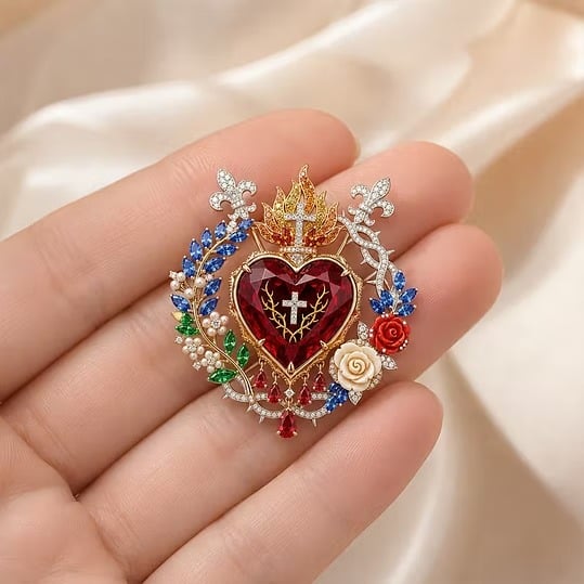 ❤️ Sacred Heart Floral Gemstone Brooch | Vintage Palace-Inspired Statement Pin