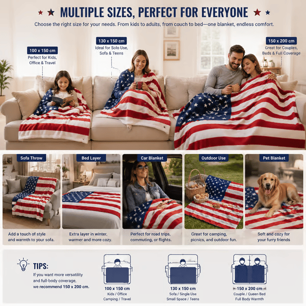 🇺🇸❤️American Flag Flannel Blanket — Ultra-Soft Flannel | Non-Shedding | Suitable for All Seasons | Available in Three Sizes