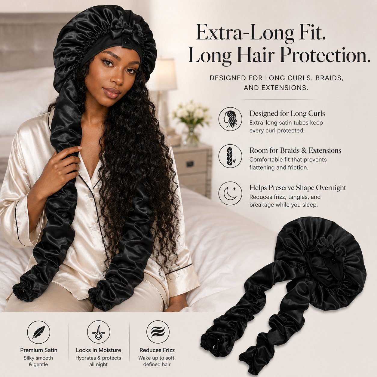 Satin/Silk Bonnet for Long Curly Hair