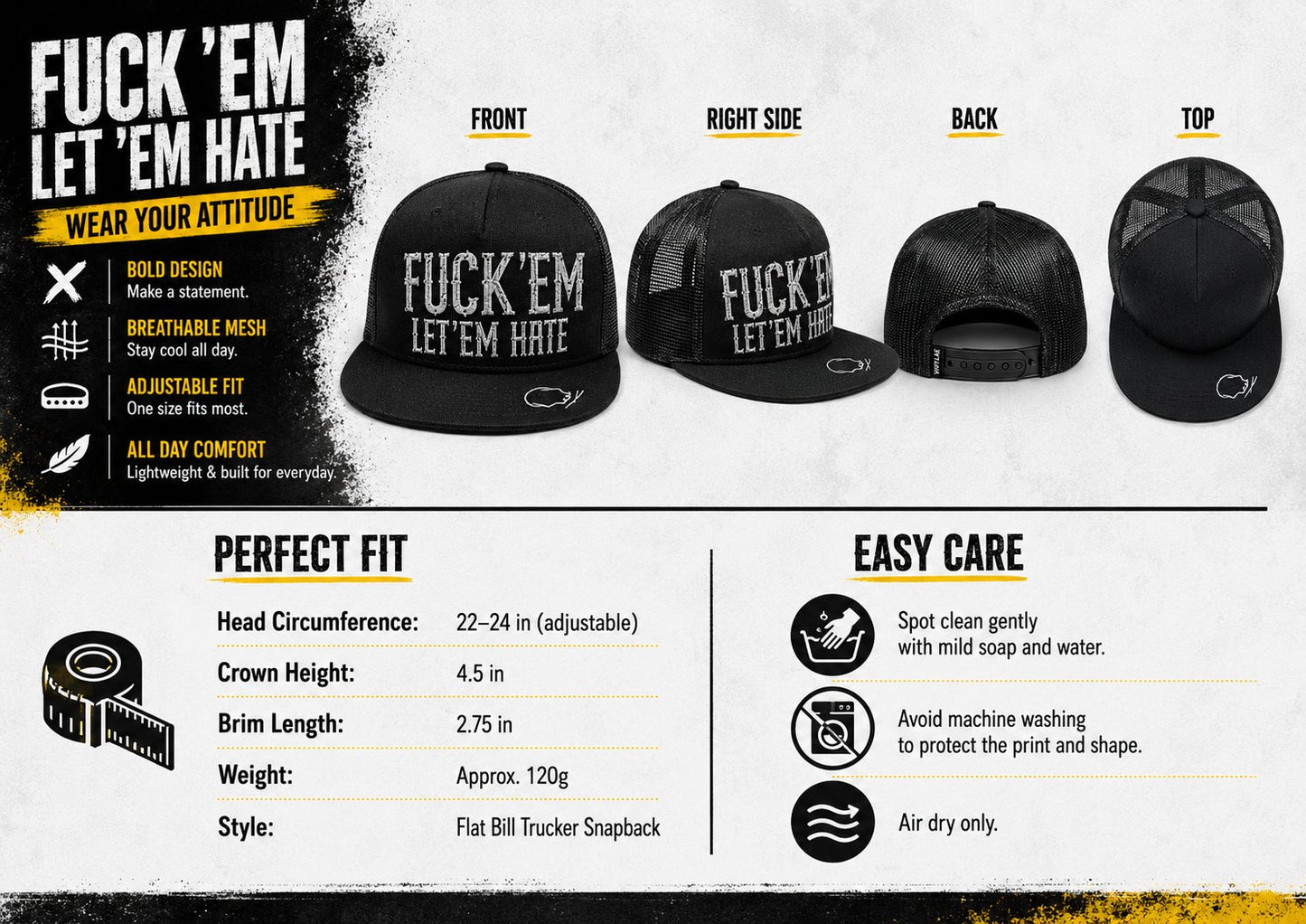🔥LAST DAY 50% OFF - 😂🛠️"FUCK EM" LET ’EM HATE Black Snapback Hat – Bold Side Print Mesh Trucker Cap, Flat Bill Streetwear Hat for Men & Women🧢