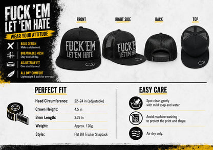 🔥LAST DAY 50% OFF - 😂🛠️"FUCK EM" LET ’EM HATE Black Snapback Hat – Bold Side Print Mesh Trucker Cap, Flat Bill Streetwear Hat for Men & Women🧢