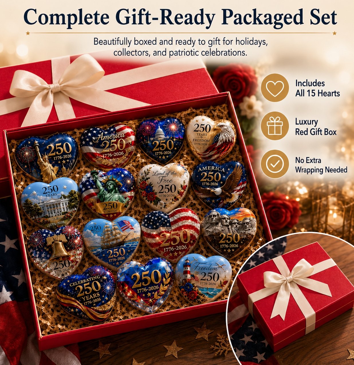 🇺🇸 America 250th Anniversary Commemorative Heart Ornament Collection | 15-Piece Patriotic Keepsake Set🎁Buy 2 Free Shipping