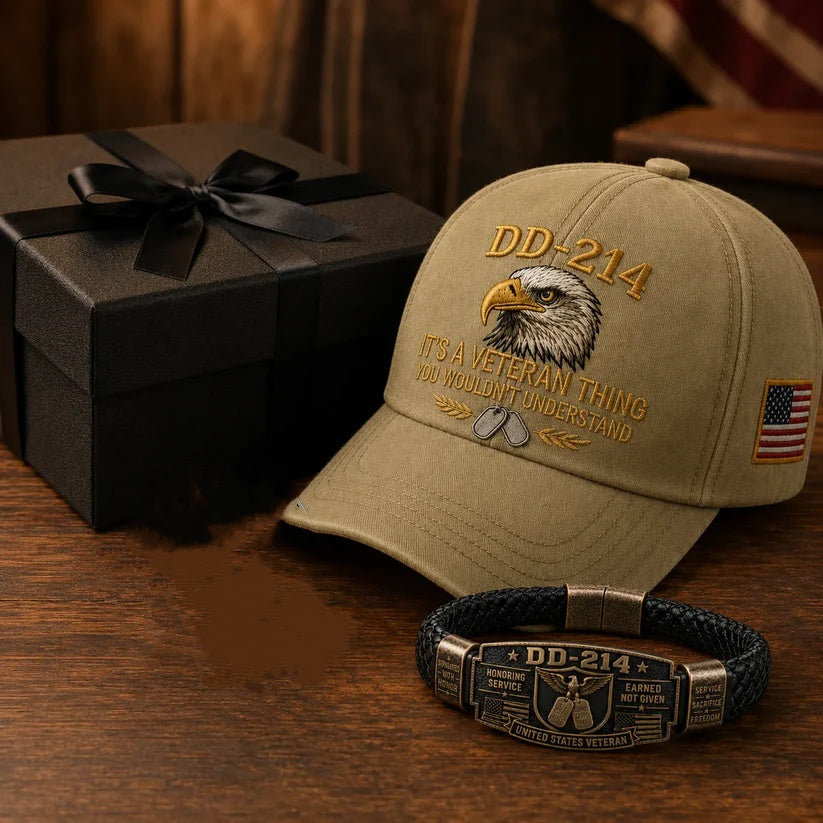 🔥Today Only: FREE Collector Coin🔥| DD-214 Veteran Honor 3-Piece Gift Set – Embroidered Cap, Coin & Bracelet