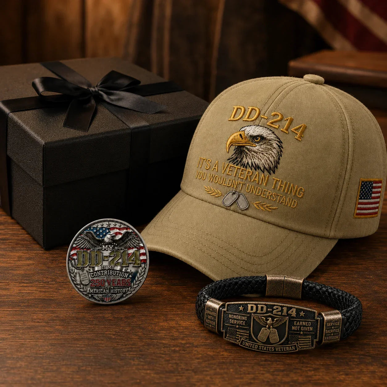 🔥Today Only: FREE Collector Coin🔥| DD-214 Veteran Honor 3-Piece Gift Set – Embroidered Cap, Coin & Bracelet