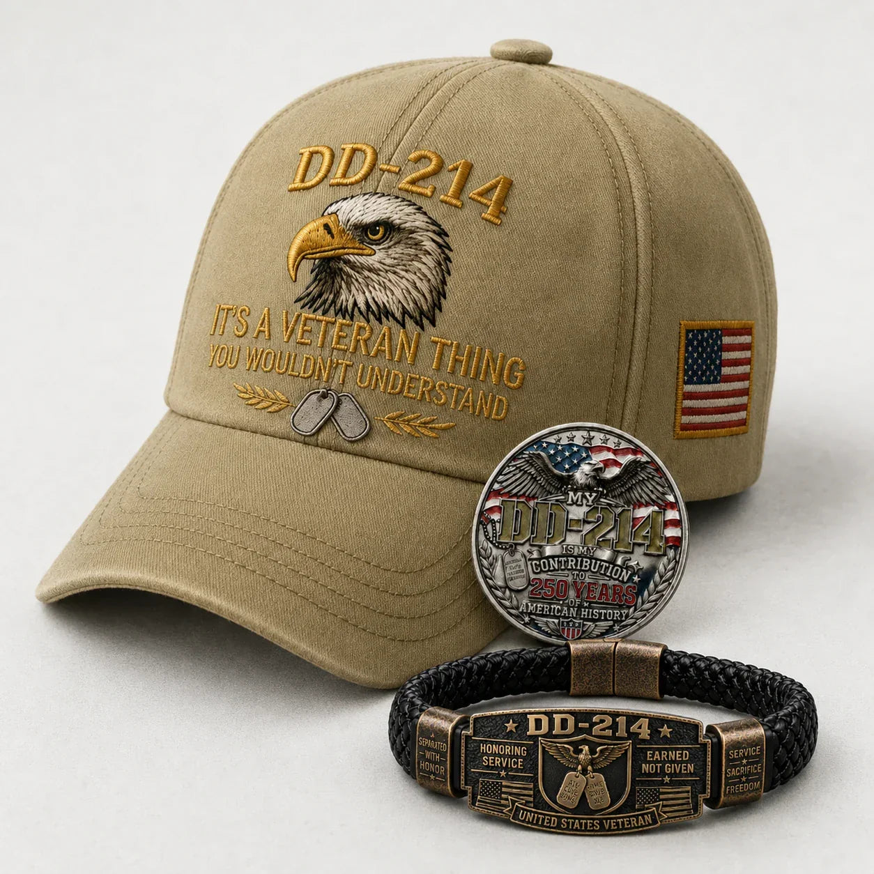 🔥Today Only: FREE Collector Coin🔥| DD-214 Veteran Honor 3-Piece Gift Set – Embroidered Cap, Coin & Bracelet