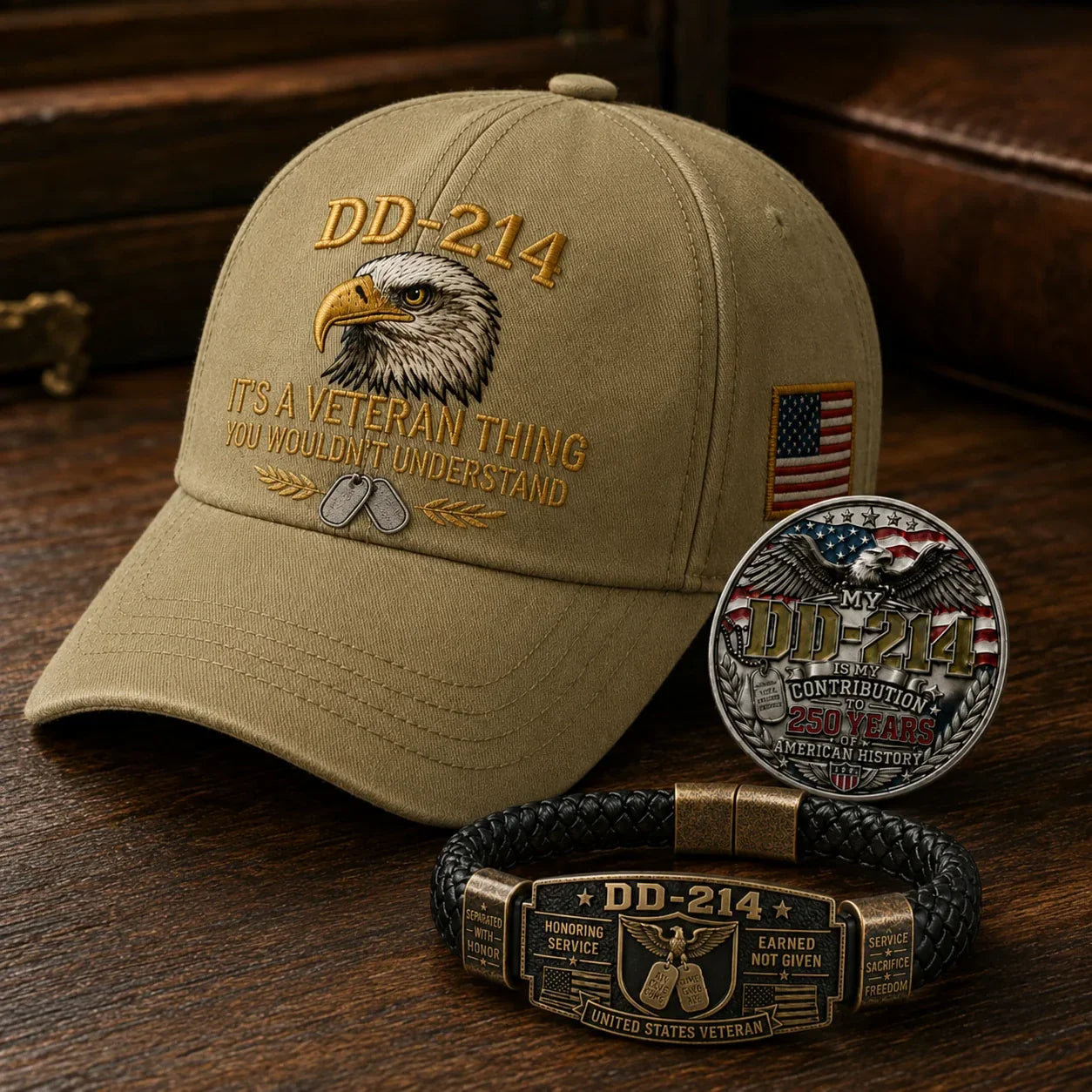 🔥Today Only: FREE Collector Coin🔥| DD-214 Veteran Honor 3-Piece Gift Set – Embroidered Cap, Coin & Bracelet