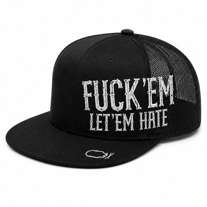🔥LAST DAY 50% OFF - 😂🛠️"FUCK EM" LET ’EM HATE Black Snapback Hat – Bold Side Print Mesh Trucker Cap, Flat Bill Streetwear Hat for Men & Women🧢