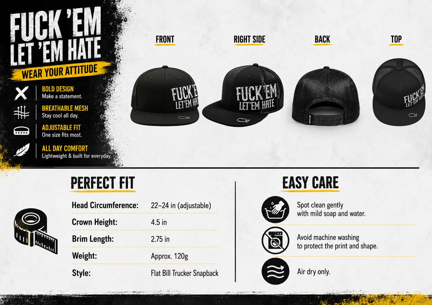 🔥LAST DAY 50% OFF - 😂🛠️"FUCK EM" LET ’EM HATE Black Snapback Hat – Bold Side Print Mesh Trucker Cap, Flat Bill Streetwear Hat for Men & Women🧢