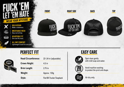 🔥LAST DAY 50% OFF - 😂🛠️"FUCK EM" LET ’EM HATE Black Snapback Hat – Bold Side Print Mesh Trucker Cap, Flat Bill Streetwear Hat for Men & Women🧢