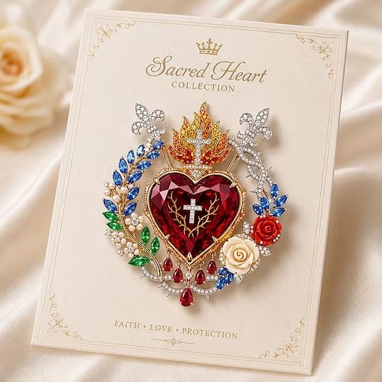 ❤️ Sacred Heart Floral Gemstone Brooch | Vintage Palace-Inspired Statement Pin