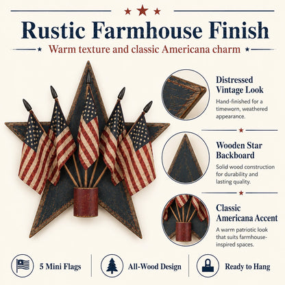 Rustic Wooden Patriotic Star Wall Decor with 5 American Flags