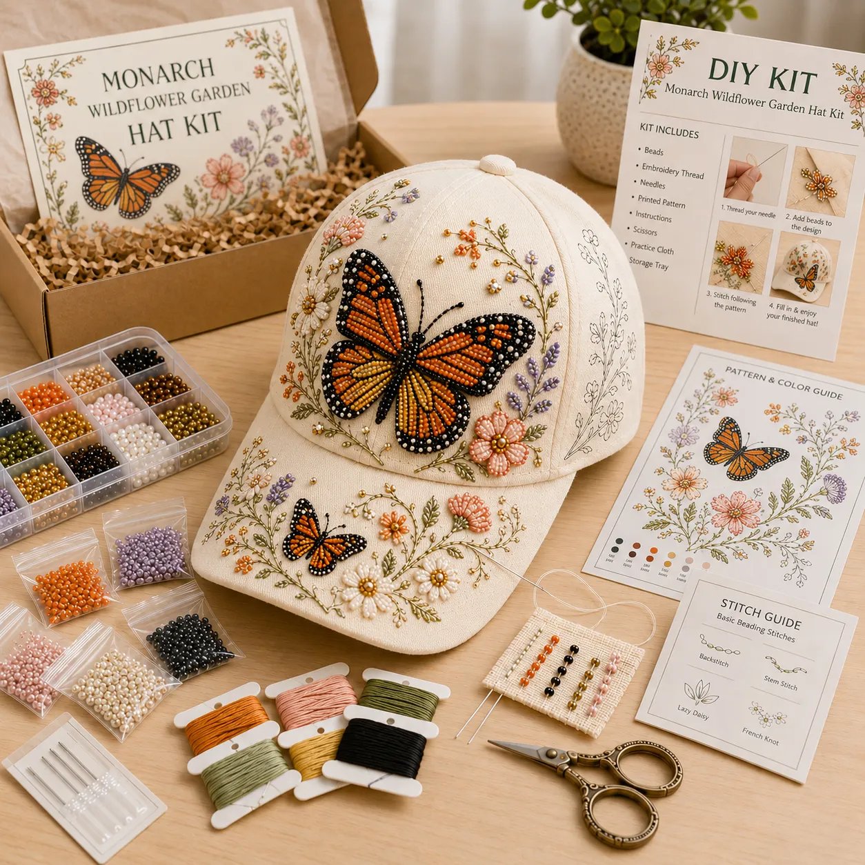 🧢🌸 Premium Hummingbird Garden Beaded Hat DIY Kit | Luxury Flocked Canvas with Scratch-Resistant Non-Fading Pearl Beads DIY Handmade Floral Cap Decor 🌿🪡✨