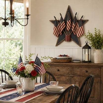 Rustic Wooden Patriotic Star Wall Decor with 5 American Flags