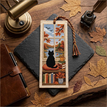 🐈📚Seasonal Cat Cross Stitch Bookmark – Cozy Reading Companion