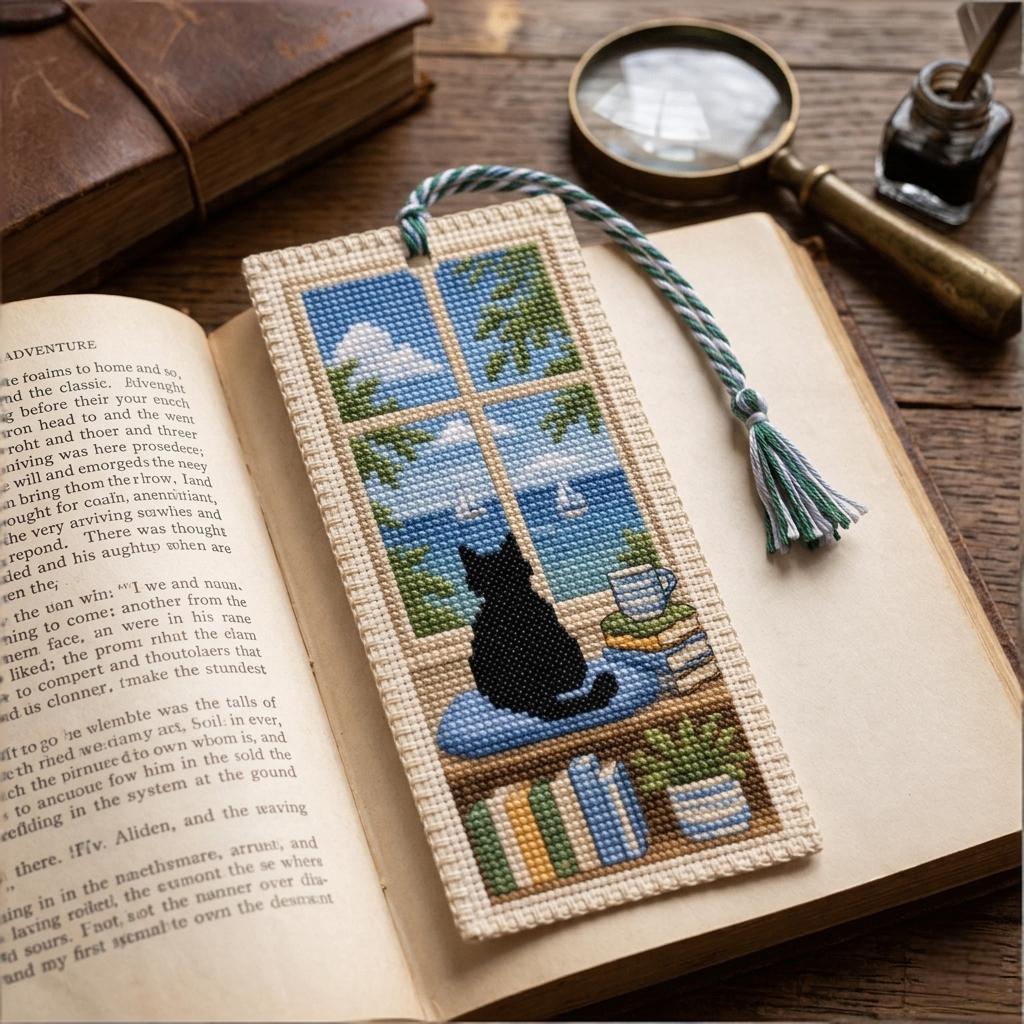 🐈📚Seasonal Cat Cross Stitch Bookmark – Cozy Reading Companion