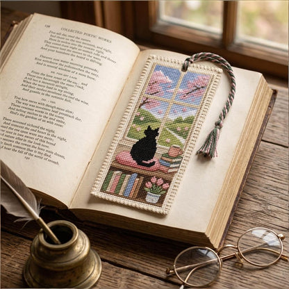 🐈📚Seasonal Cat Cross Stitch Bookmark – Cozy Reading Companion