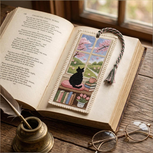 🐈📚Seasonal Cat Cross Stitch Bookmark – Cozy Reading Companion